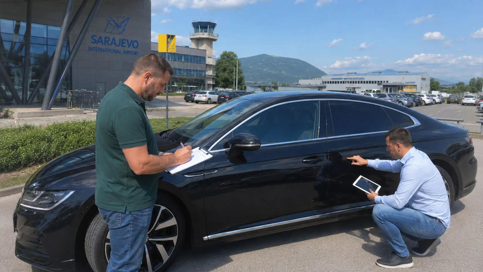 Agent partnerske agencije zajedno sa klijentom provjerava vozilo i unosi oštećenja u zapisnik