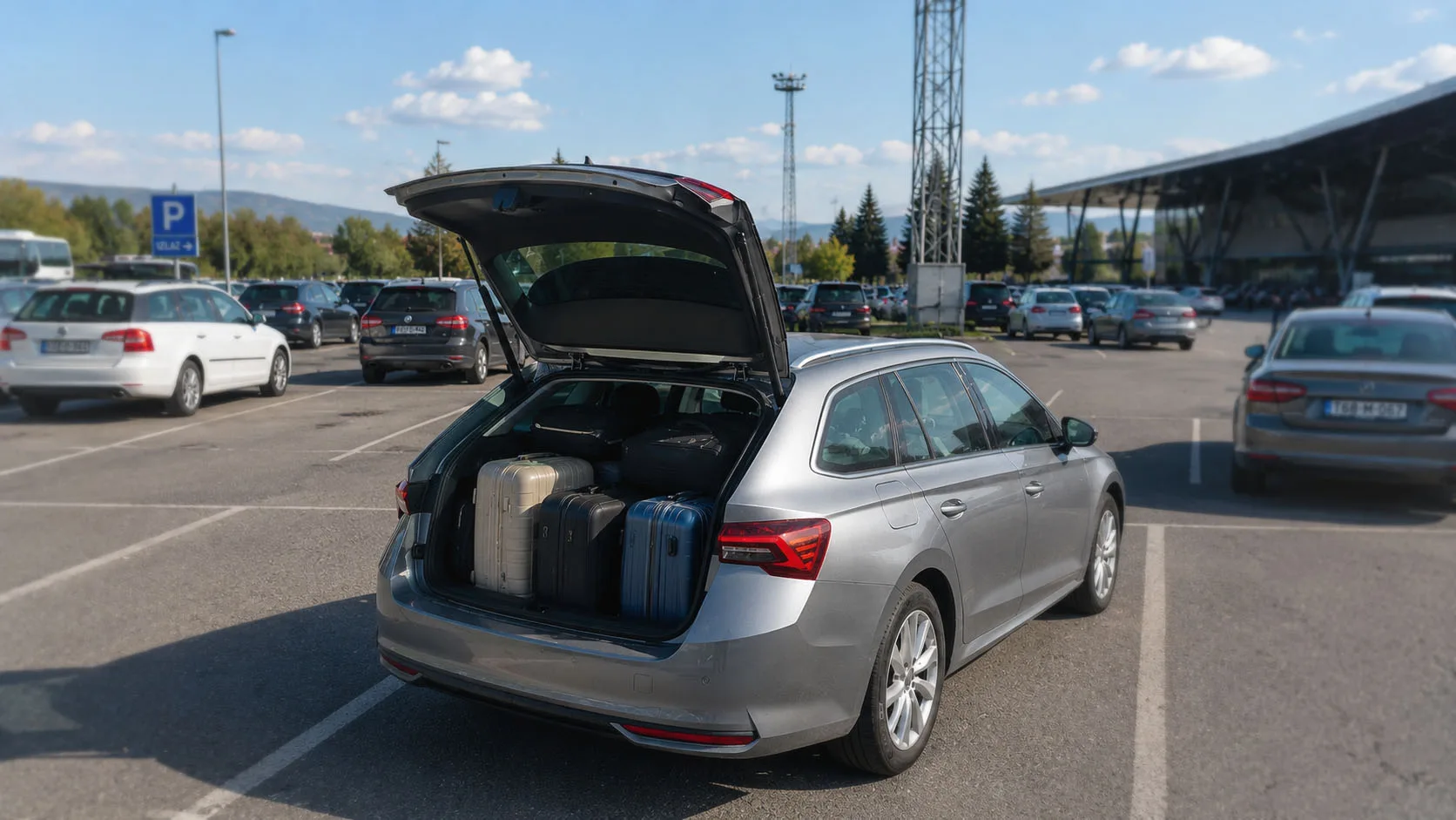 Otvoren prtljažnik karavana sa tri velika kofera na aerodromskom parkingu