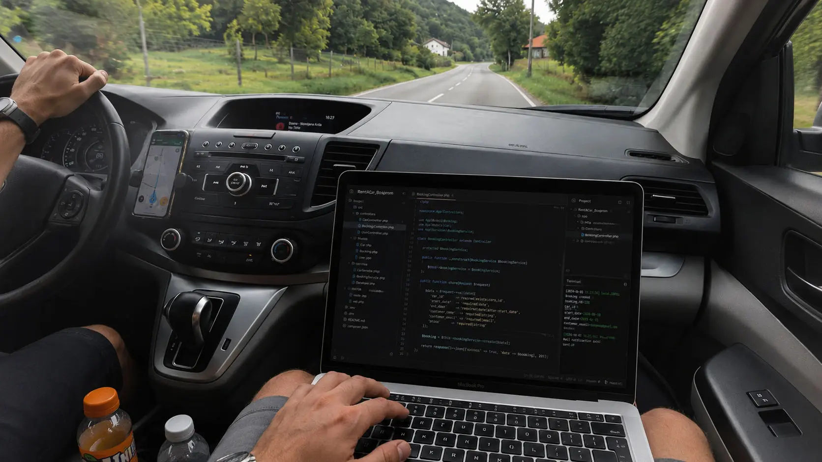 Poslovni klijent radi na laptopu na zadnjem sjedištu tokom vožnje